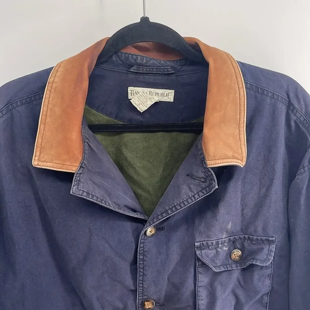 Vintage Banana Republic cotton canvas leather collar distressed barn chore coat